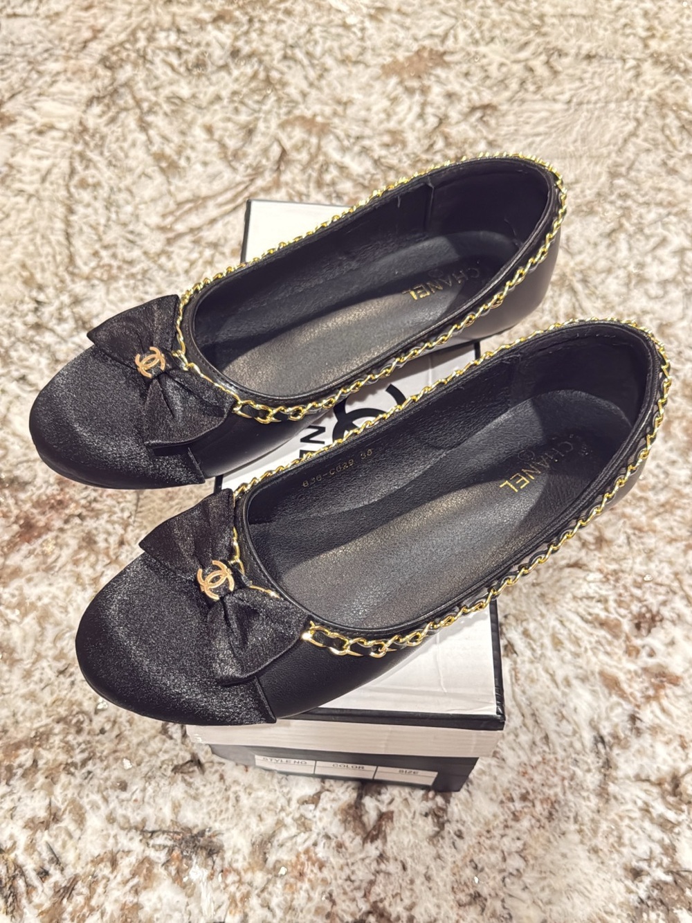 CHANEL Black Satin Ballet Flats with Gold Chain & CC Bow